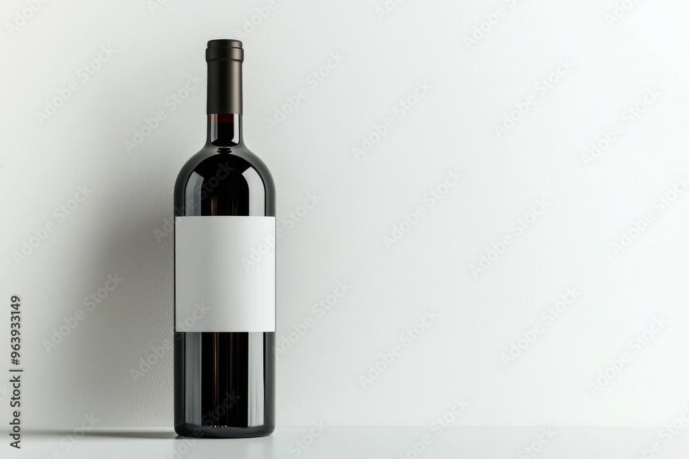 A bottle of red wine with a blank label, standing against a simple white background, ideal for branding or design purposes. A bottle of red wine with a blank label, standing against a simple white background, ideal for branding or design purposes.