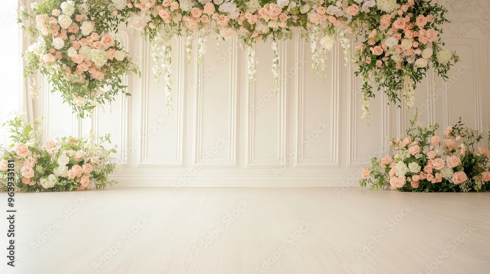 Fototapeta premium White Wall Background with Floral Decorations for Wedding or Event