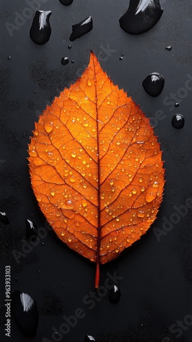 An orange leaf with water droplets on a dark background. Perfect for nature, fall, and autumn themes. photo