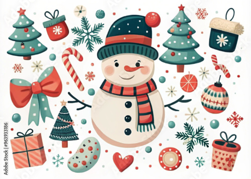 Cute Christmas illustration featuring a snowman with festive decorations and gifts

