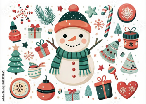 Cute Christmas illustration featuring a snowman with festive decorations and gifts

