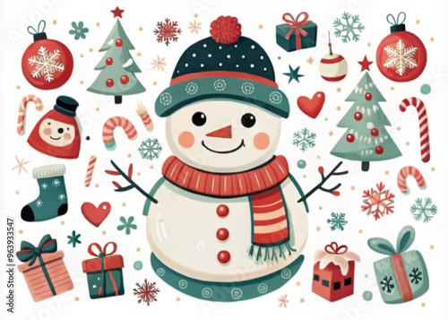 Cute Christmas illustration featuring a snowman with festive decorations and gifts