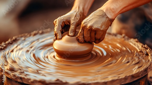 Hand Pressing Clay on a Wheel: Fingers pressing down on a spinning clay mound, with the wheel in motion and clay slowly rising under the guidance of the hands.
 photo