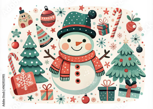 Cute Christmas illustration featuring a snowman with festive decorations and gifts

