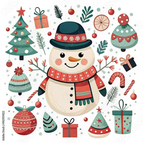 Cute Christmas illustration featuring a snowman with festive decorations and gifts

