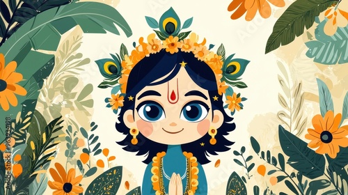 Cute Krishna Illustration with Floral Border