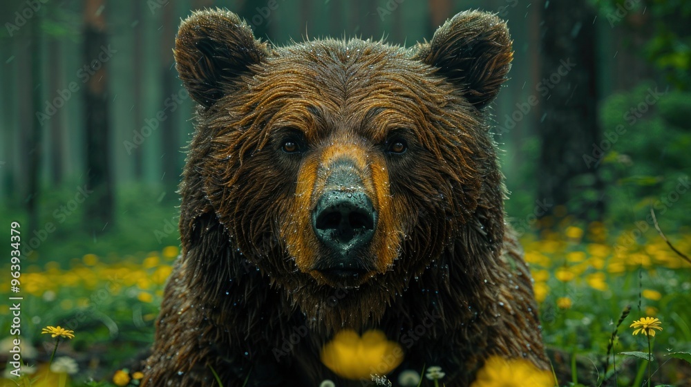 Obraz premium Bear Muzzle in Forest Clearing - Detailed Close-Up Portrait of Wild Animal with Fisheye Effect for Postcard Cover Design