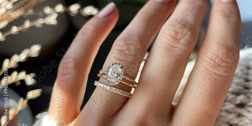 Obraz na płótnie A hand of a woman adorned with an oval-cut solitaire diamond engagement ring in yellow gold, complemented by a wedding band set with small round brilliant-cut diamonds and crafted in yellow gold. w salonie
