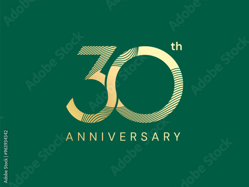30th Anniversary luxury gold celebration with Abstract Curved Wave Lines in number logo typography vector design twisted infinity concept. Thirty years anniversary gold for celebration event, business