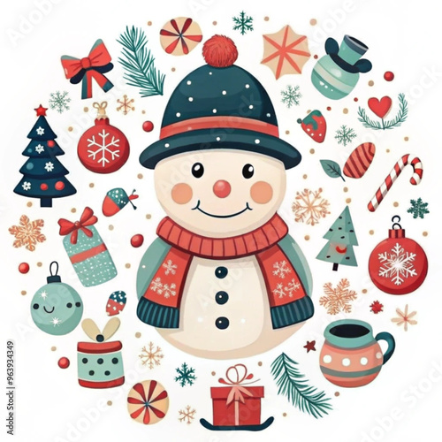 Cute Christmas illustration featuring a snowman with festive decorations and gifts


