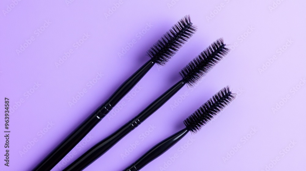 Three Black Eyelash Brushes on a Purple Background Three Black Eyelash Brushes on a Purple Background