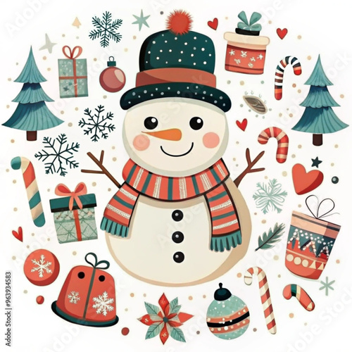 Cute Christmas illustration featuring a snowman with festive decorations and gifts

