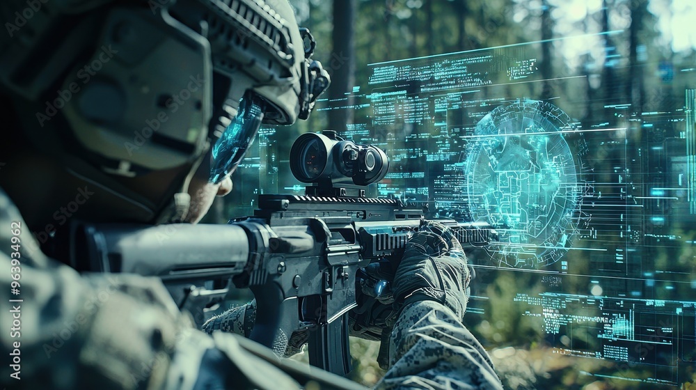 Soldier with Futuristic Augmented Reality HUD Aiming Rifle Soldier with Futuristic Augmented Reality HUD Aiming Rifle
