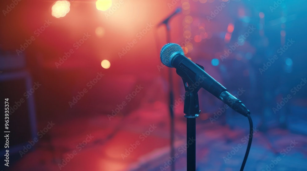 Obraz premium Closeup of a microphone stand against a small concert venue background with a program cover. Concept Music Photography, Concert Setting, Microphone Stand, Closeup Shot, Venue Background 