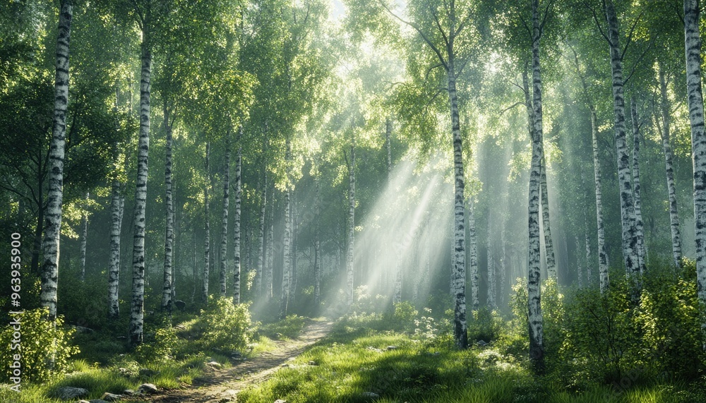 Obraz premium Sunlight beams through birch trees in forest. Ideal for depicting a mystical, magical, or serene atmosphere.