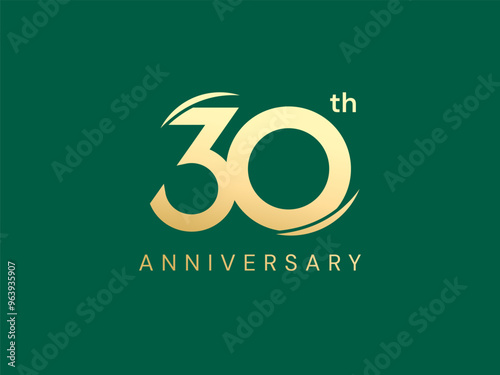 30th Anniversary luxury gold celebration with Gold curved shapes logo typography vector design concept. Thirty Years anniversary gold logo template for celebration event, business, invitation, card.