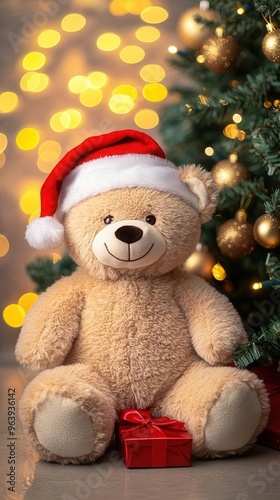 a soft and cuddly teddy bear dressed in a festive Santa hat