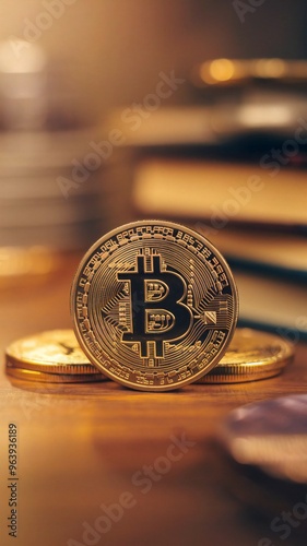 Gold coin with bitcoin symbol isolated on gold background, shiny golden physical cryptocurrency bitcoin symbol