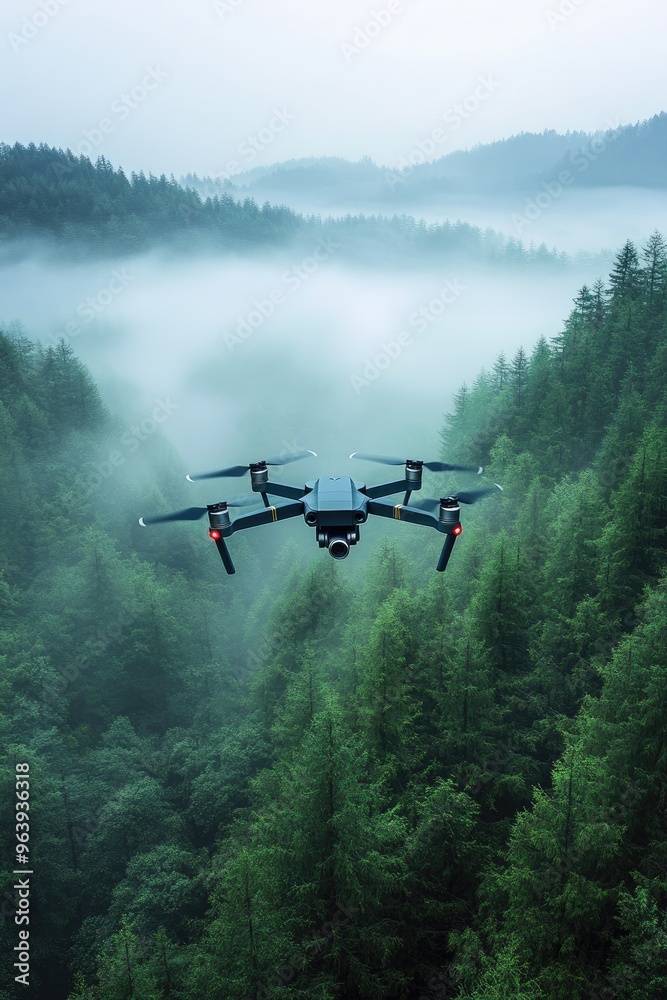 Drone flying over a foggy forest. Perfect for technology, nature, or exploration themes. Drone flying over a foggy forest. Perfect for technology, nature, or exploration themes.