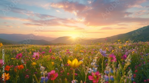 Flowers on the mountain field during sunrise. Beautiful natural landscape in the summer time