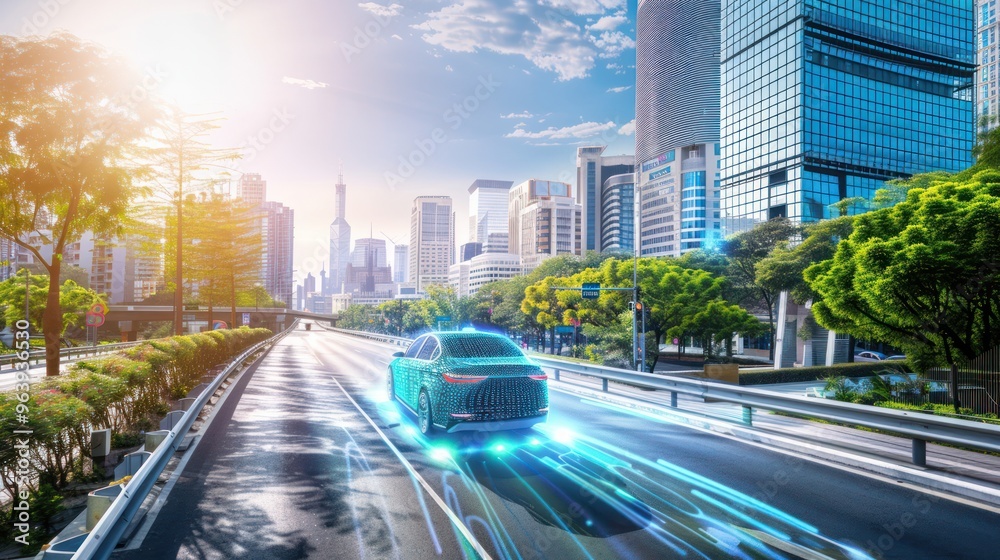 Fototapeta premium Futuristic Cityscape with a Self-Driving Car