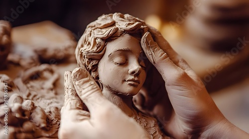 Molding a Clay Figurine: Close-up of hands carefully molding a small clay figurine, capturing the fine details of the fingers and the pliable material.
