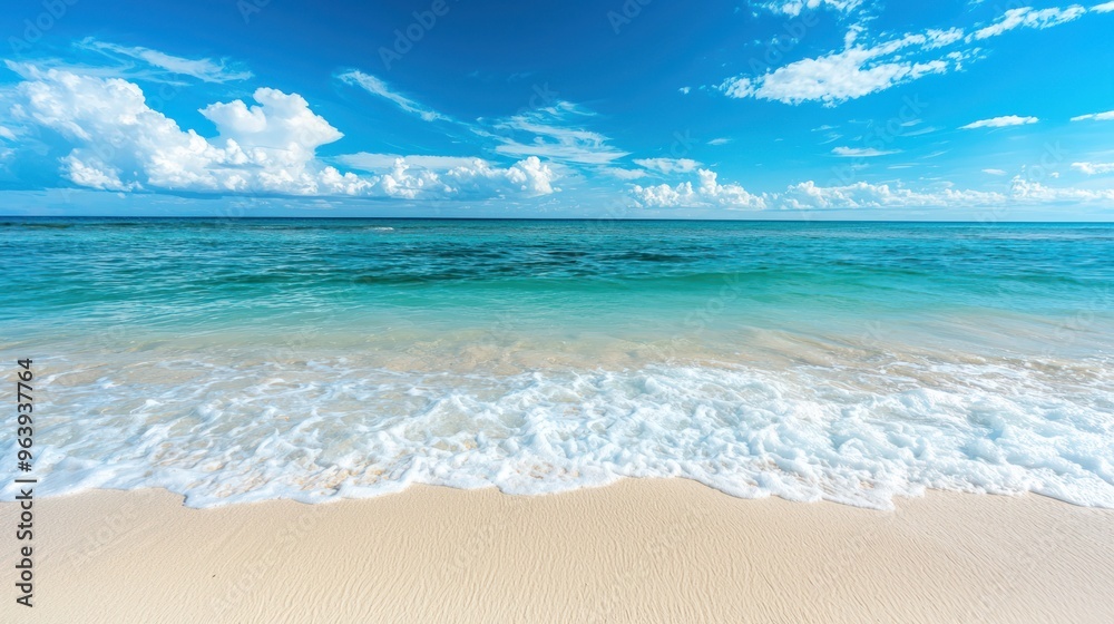 A pristine white sandy beach with crystal-clear turquoise water and a few gentle waves under a bright blue sky. A pristine white sandy beach with crystal-clear turquoise water and a few gentle waves under a bright blue sky.