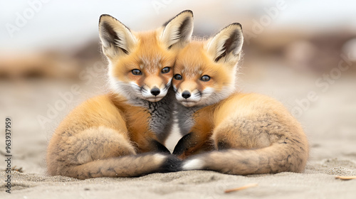 Two foxes cuddle together on a beach. , Generative AI