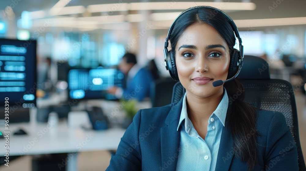 Smiling Businesswoman Wearing Headset in Modern Office Smiling Businesswoman Wearing Headset in Modern Office
