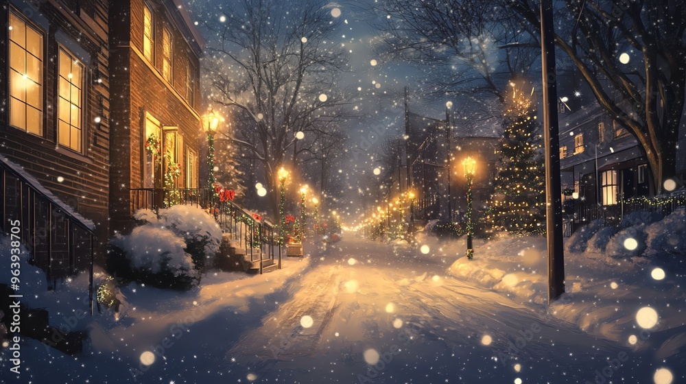 A cozy winter scene with a snow-covered street lined with houses and a Christmas tree. The warm glow of lights creates a festive atmosphere. A cozy winter scene with a snow-covered street lined with houses and a Christmas tree. The warm glow of lights creates a festive atmosphere.