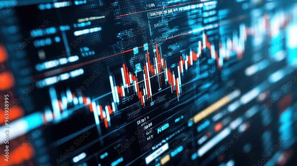 Stock Market Data Display on Screen with Candlestick Chart and Numbers Stock Market Data Display on Screen with Candlestick Chart and Numbers