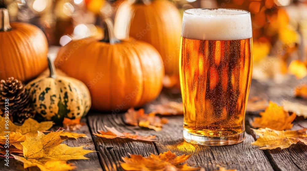 Autumn Beer and Pumpkins on Rustic Wooden Table Autumn Beer and Pumpkins on Rustic Wooden Table