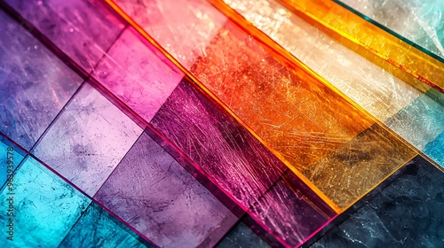 A vivid arrangement of translucent, patterned sheets reveals a captivating interplay of colors and light, ideal for creative endeavors.