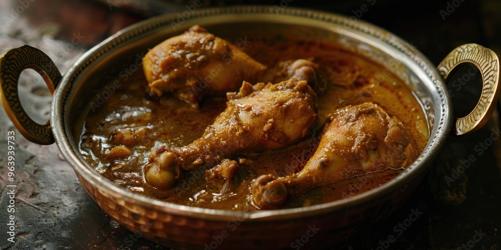 Chicken curry served in a copper bowl featuring chicken drumsticks, prepared in a traditional coastal style. Chicken curry served in a copper bowl featuring chicken drumsticks, prepared in a traditional coastal style.
