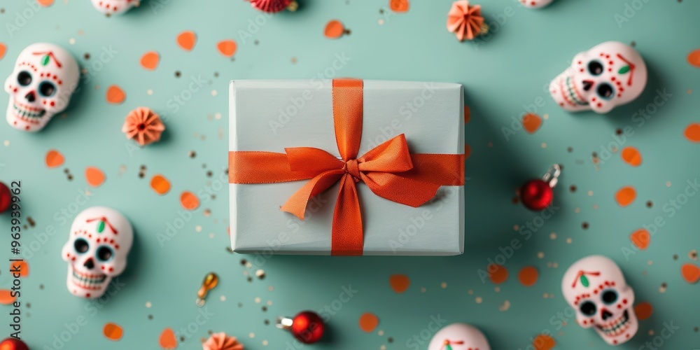 Naklejka premium A beautifully wrapped gift box with an orange ribbon, surrounded by festive skulls and colorful decorations on a teal background.