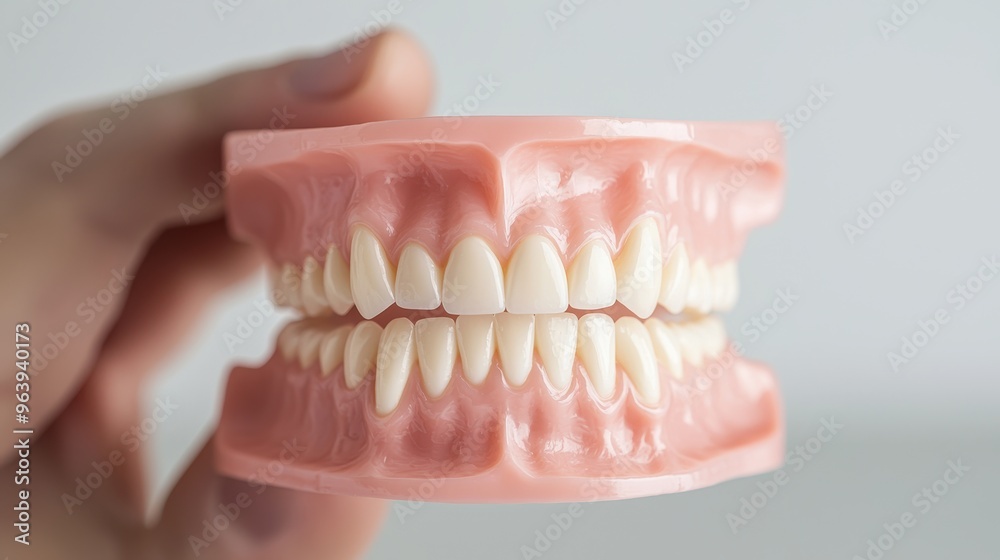 Obraz premium Denture Model with White Teeth in Hand