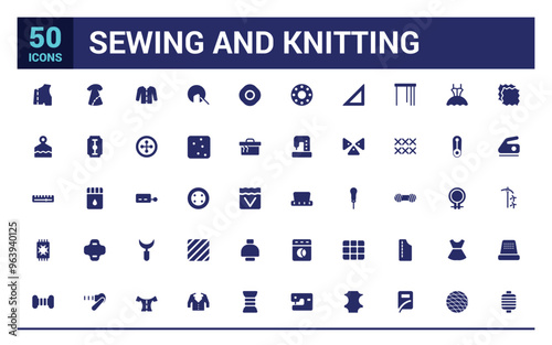 Sewing and Knitting equipment icon set. Solid icons collection. Filled icon set, solid icon set. Glyph icon set for web and ui. Editable stroke. Vector illustration.