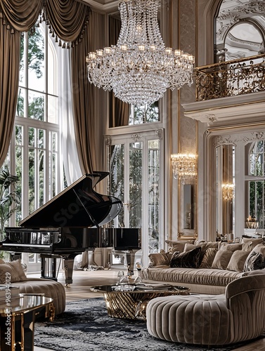 An opulent space adorned with refined furnishings, sparkling light fixtures, and stylish accents that exude affluence and grace.