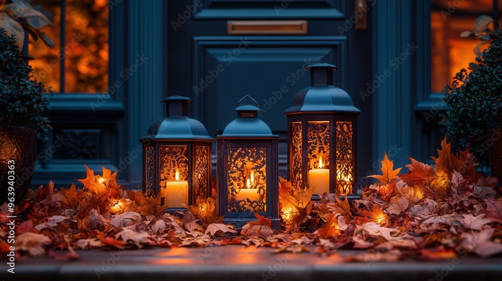 Cozy autumn lanterns with glowing candles on a porch surrounded by fallen leaves, creating a warm, inviting atmosphere. Cozy autumn lanterns with glowing candles on a porch surrounded by fallen leaves, creating a warm, inviting atmosphere.