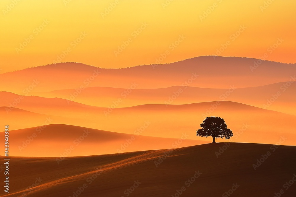 Obraz premium A tranquil scene unfolds with mist-covered hills at dawn, featuring a solitary tree silhouetted against a fiery orange horizon.