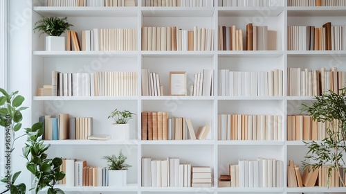 A clean, white bookshelf with neatly arranged books and minimal decor