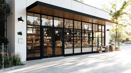 Modern Bakery Shop Facade with Glass Doors and Bread Display