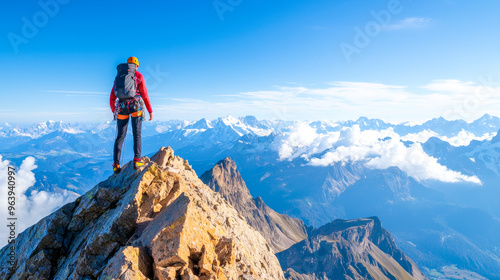 Reaching New Heights: A lone hiker stands triumphantly on a mountain peak, overlooking a breathtaking panorama of snow-capped peaks and clouds, symbolizing achievement, perseverance, and the pursuit o