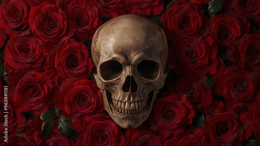Human skull surrounded by red roses, symbolizing a blend of life, death, and beauty. Perfect for themes of mortality, love, and contrast. Human skull surrounded by red roses, symbolizing a blend of life, death, and beauty. Perfect for themes of mortality, love, and contrast.