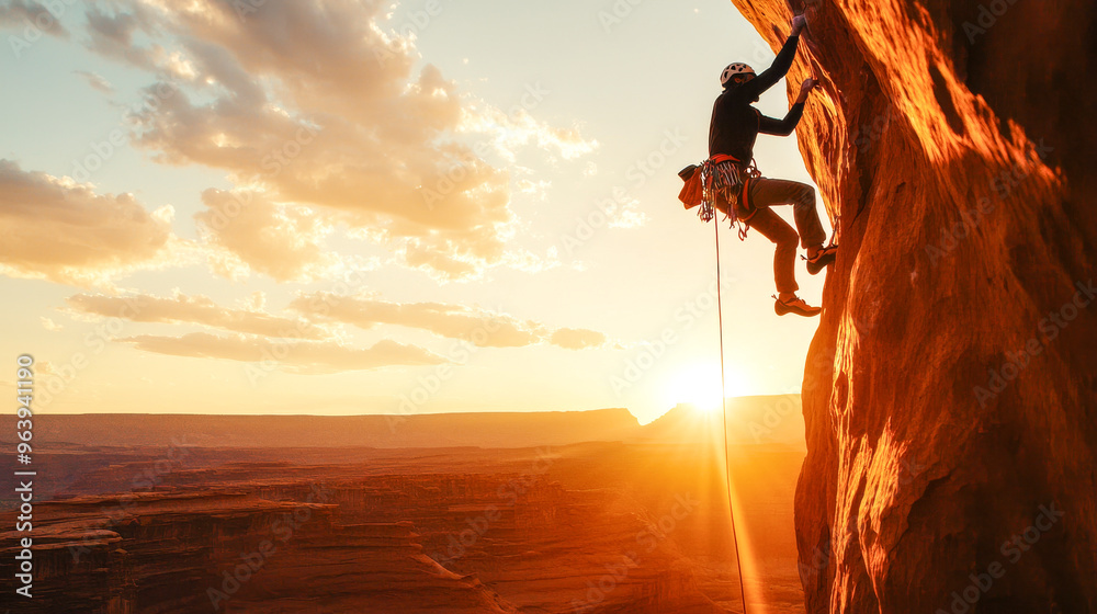 Golden Hour Ascent: A lone climber scales a sheer cliff face, silhouetted against a breathtaking sunset over a vast canyon. Determination and the allure of the peak drive him onward. Golden Hour Ascent: A lone climber scales a sheer cliff face, silhouetted against a breathtaking sunset over a vast canyon. Determination and the allure of the peak drive him onward.