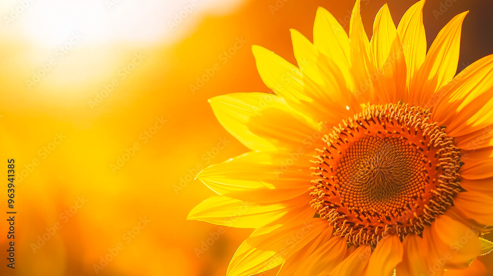 Obraz premium Golden Hour Sunflower: A vibrant sunflower blooms in the warm glow of a setting sun, its petals reaching towards the light. The soft, golden hues create a peaceful and uplifting ambiance. 