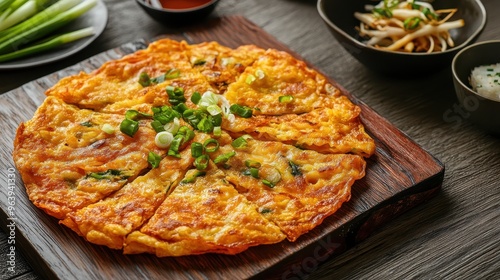 Pajeon with Seafood, Served on Rustic Wooden Board