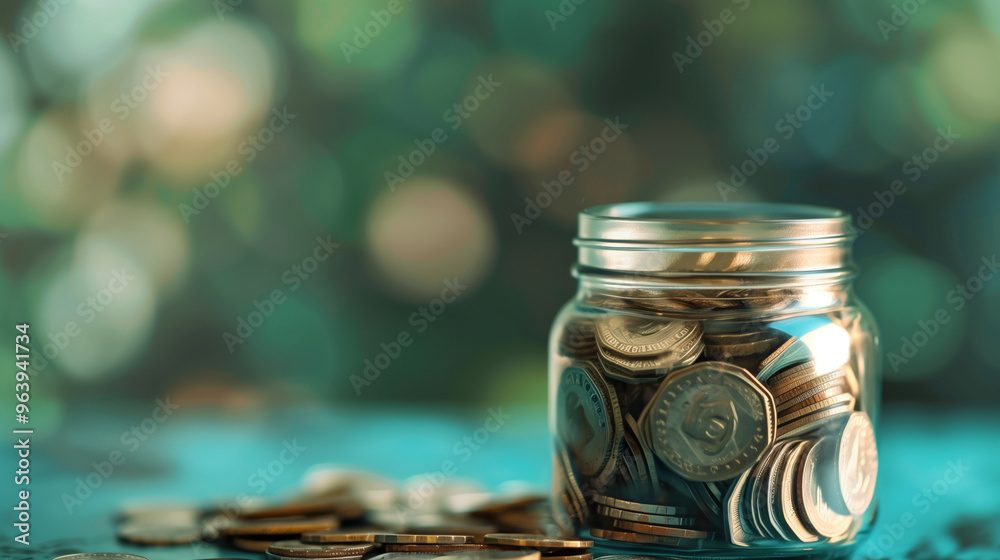 Glass jar filled with coins surrounded by US dollar bills and loose coins.