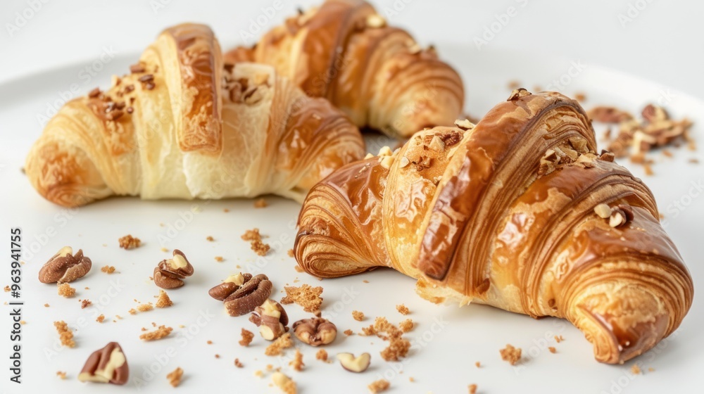 Freshly baked croissants with pecan nuts on a white plate. Food photography for menu, advertisement, or recipe design. Freshly baked croissants with pecan nuts on a white plate. Food photography for menu, advertisement, or recipe design.