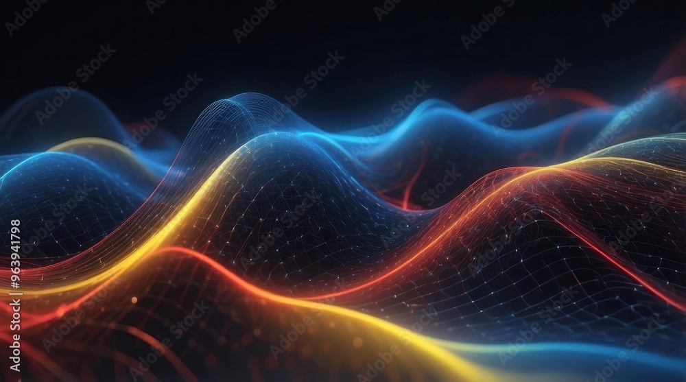 Fototapeta premium Abstract digital cyber wave made of blue particles and dots on a dark background, big data visualization, futuristic and technological. Sound wave